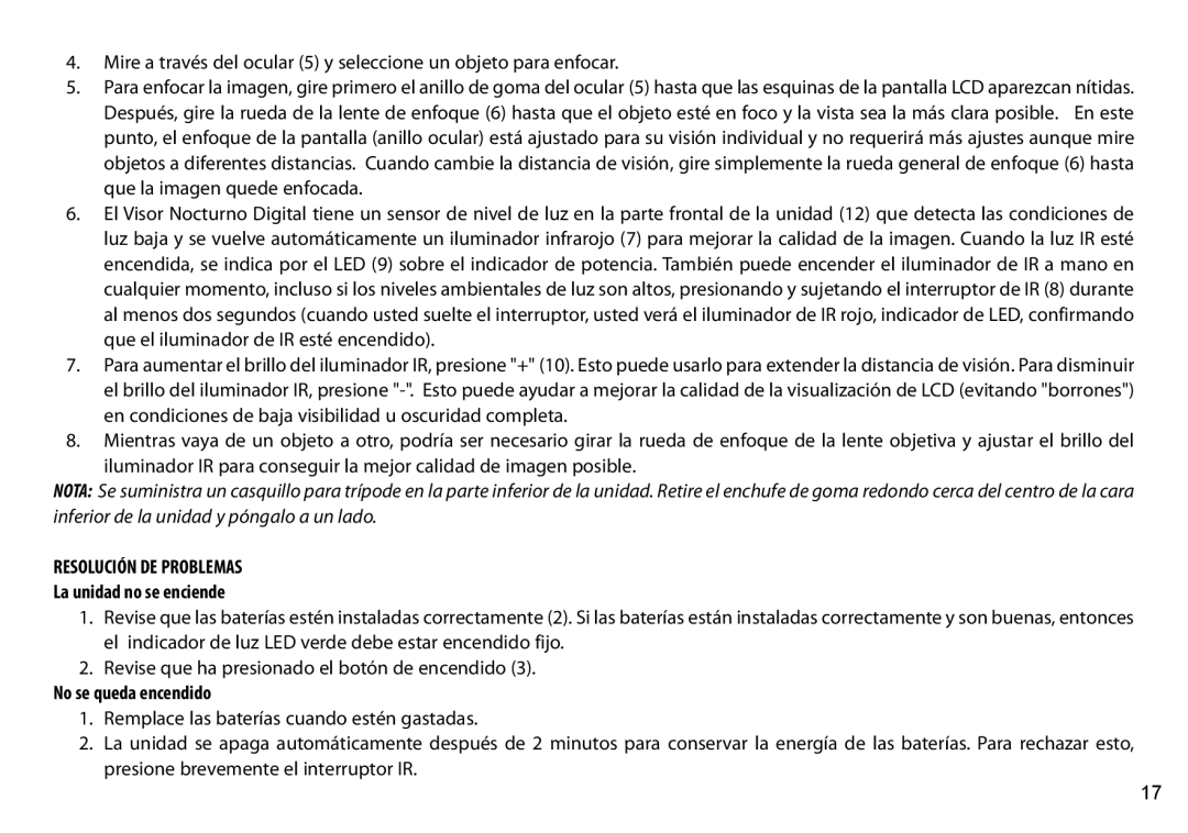 Tasco 269332 instruction manual Resolución DE Problemas, La unidad no se enciende, No se queda encendido 