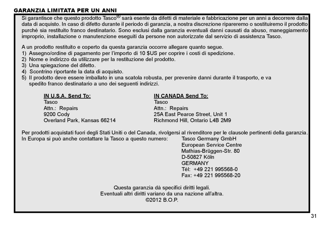 Tasco 269332 instruction manual Garanzia Limitata PER UN Anni, U.S.A. Send To Canada Send To 