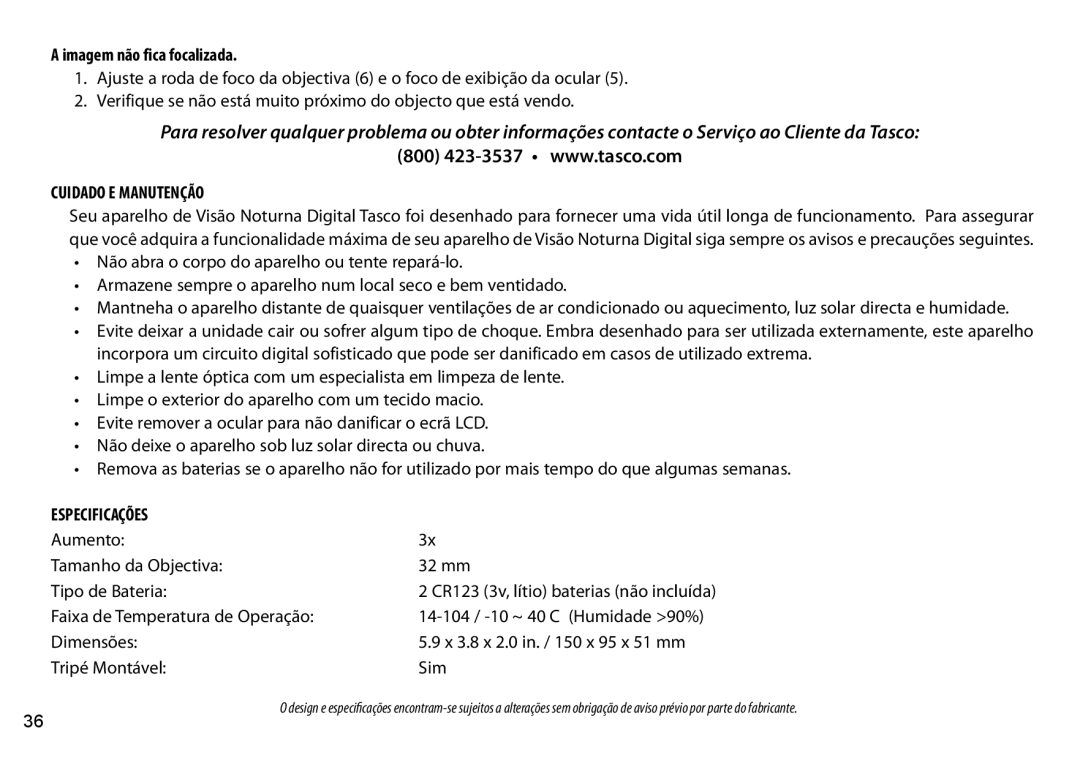 Tasco 269332 instruction manual Imagem não fica focalizada, Cuidado E Manutenção, Especificações 