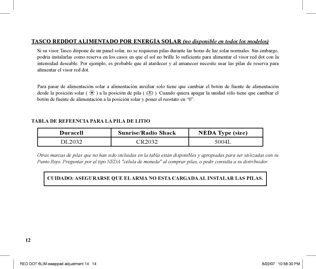 Tasco REDDOT Scope instruction manual Tabla DE Refeencia Para LA Pila DE Litio 