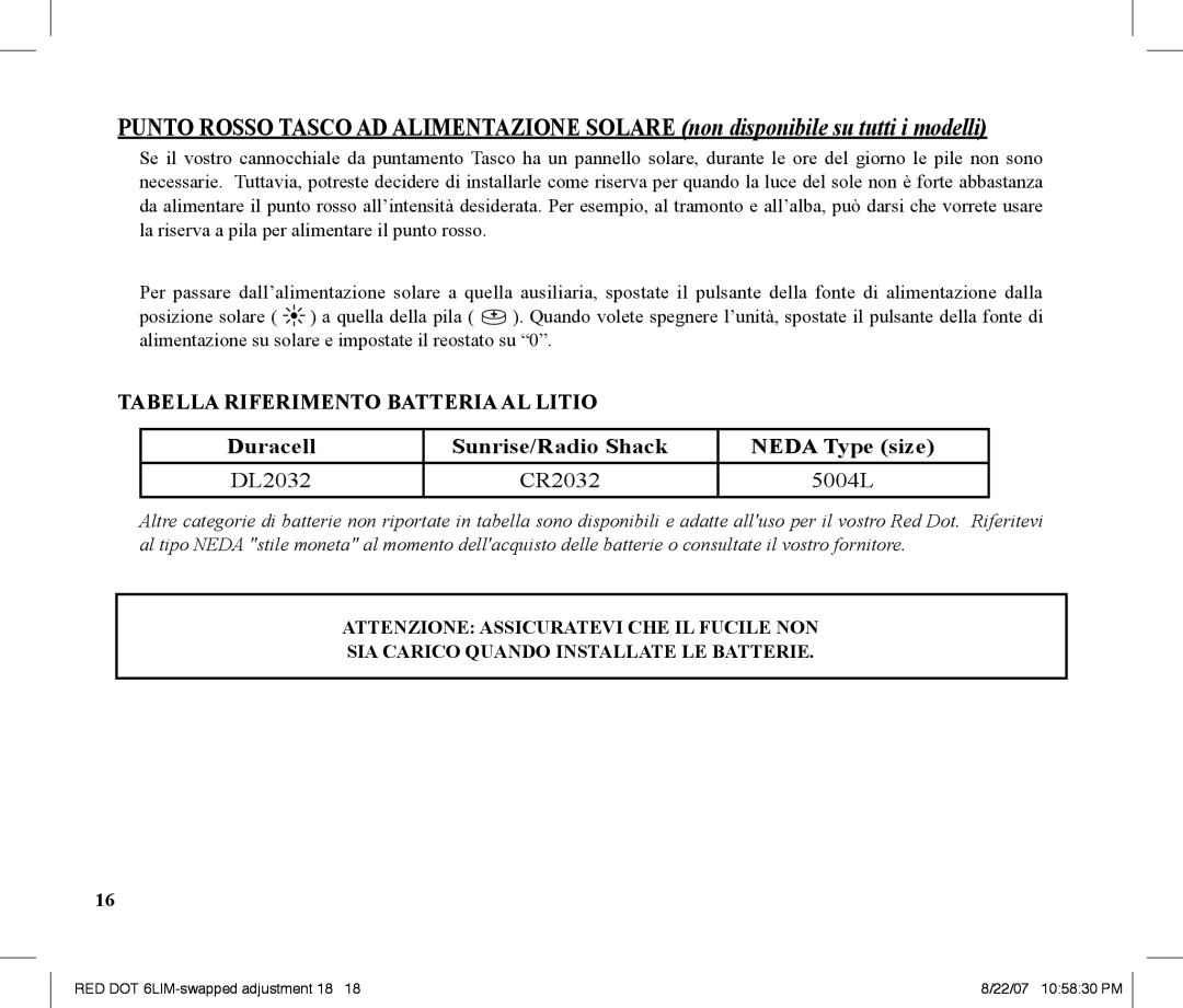 Tasco REDDOT Scope instruction manual Tabella Riferimento Batteria AL Litio 