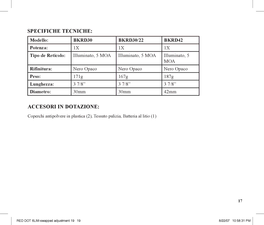 Tasco REDDOT Scope instruction manual Specifiche Tecniche, Accesori in Dotazione 