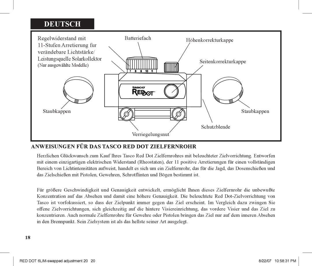 Tasco REDDOT Scope instruction manual Deutsch, Anweisungen FÜR DAS Tasco RED DOT Zielfernrohr 