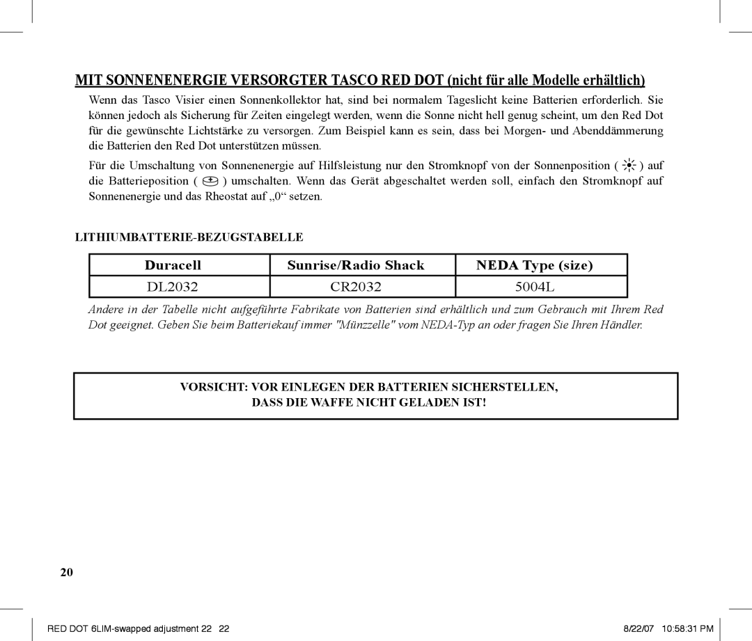 Tasco REDDOT Scope instruction manual Lithiumbatterie-Bezugstabelle 