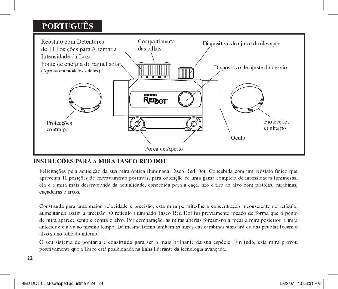 Tasco REDDOT Scope instruction manual Português, Instruções Para a Mira Tasco RED DOT 