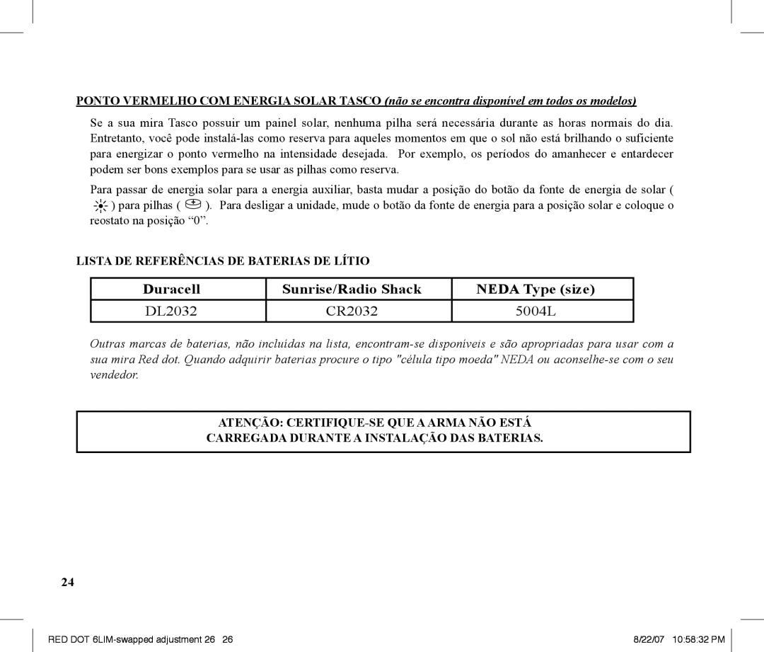 Tasco REDDOT Scope instruction manual Lista DE Referências DE Baterias DE Lítio 