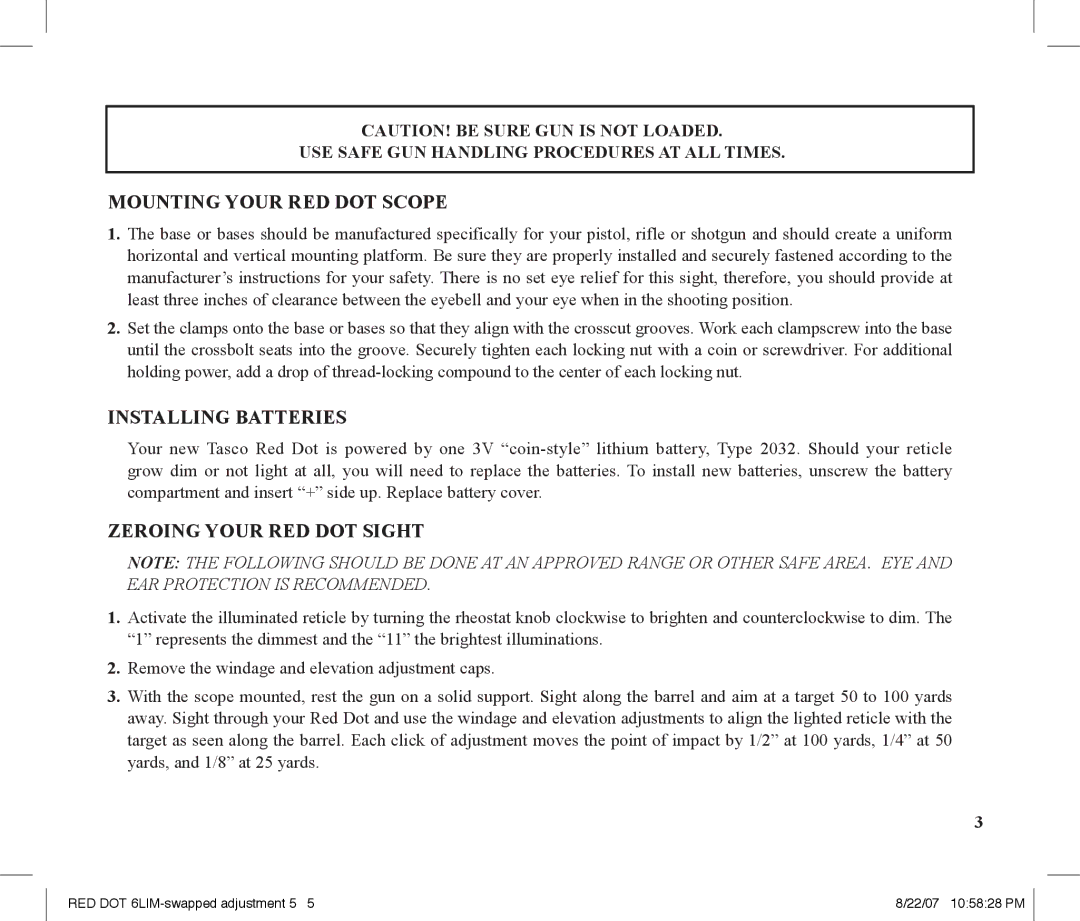 Tasco REDDOT Scope instruction manual Mounting Your RED DOT Scope, Installing Batteries, Zeroing Your RED DOT Sight 