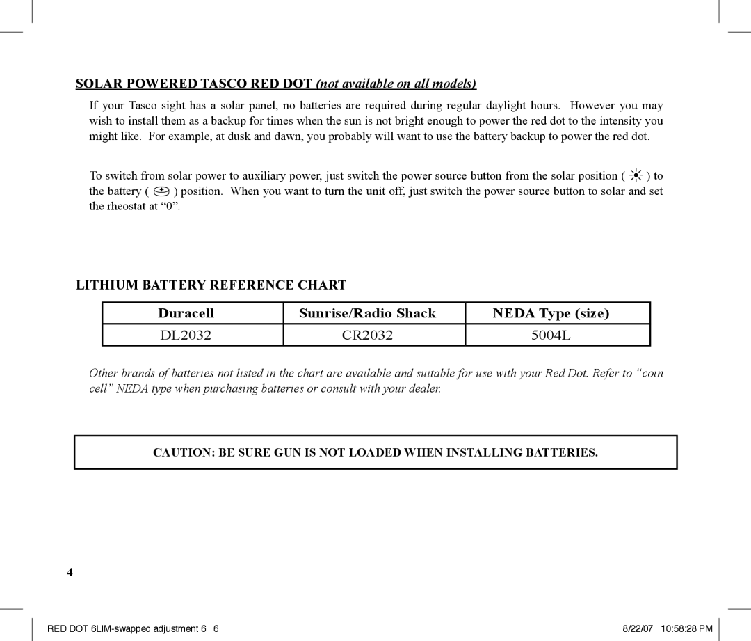 Tasco REDDOT Scope Solar Powered Tasco Red dot not available on all models, Lithium Battery Reference Chart 