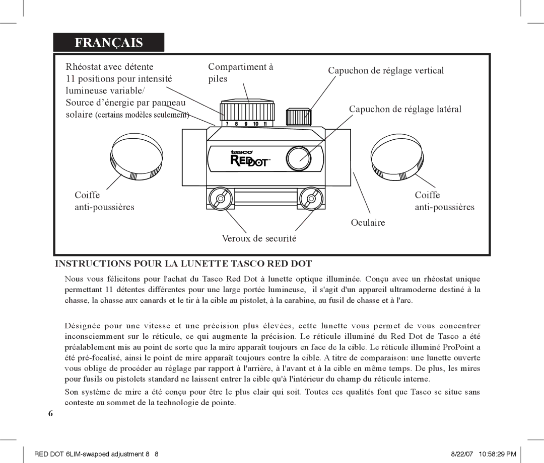 Tasco REDDOT Scope instruction manual Français, Instructions Pour LA Lunette Tasco RED DOT 