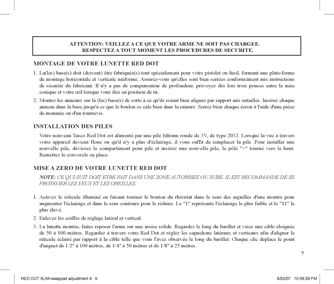 Tasco REDDOT Scope Montage DE Votre Lunette RED DOT, Installation DES Piles, Mise a Zero DE Votre Lunette RED DOT 