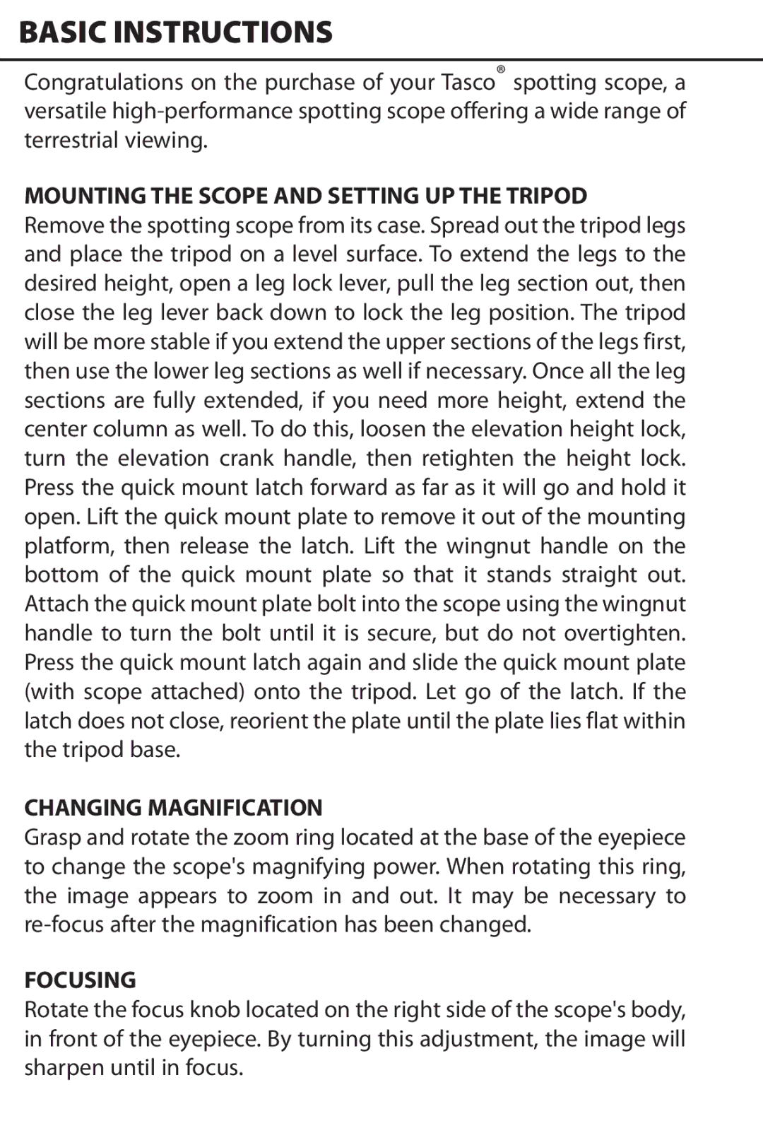 Tasco WC712060 Basic Instructions, Mounting the Scope and Setting UP the Tripod, Changing Magnification, Focusing 