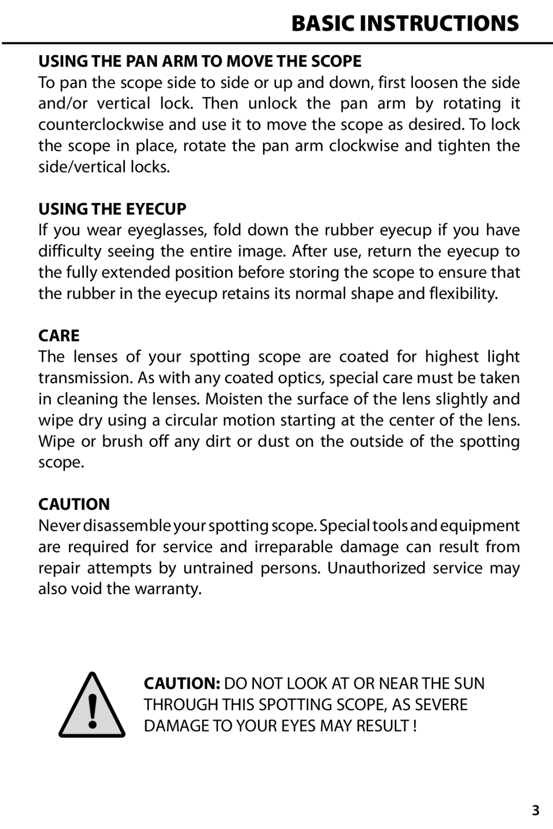 Tasco WC712060 instruction manual Using the PAN ARM to Move the Scope, Using the Eyecup, Care 