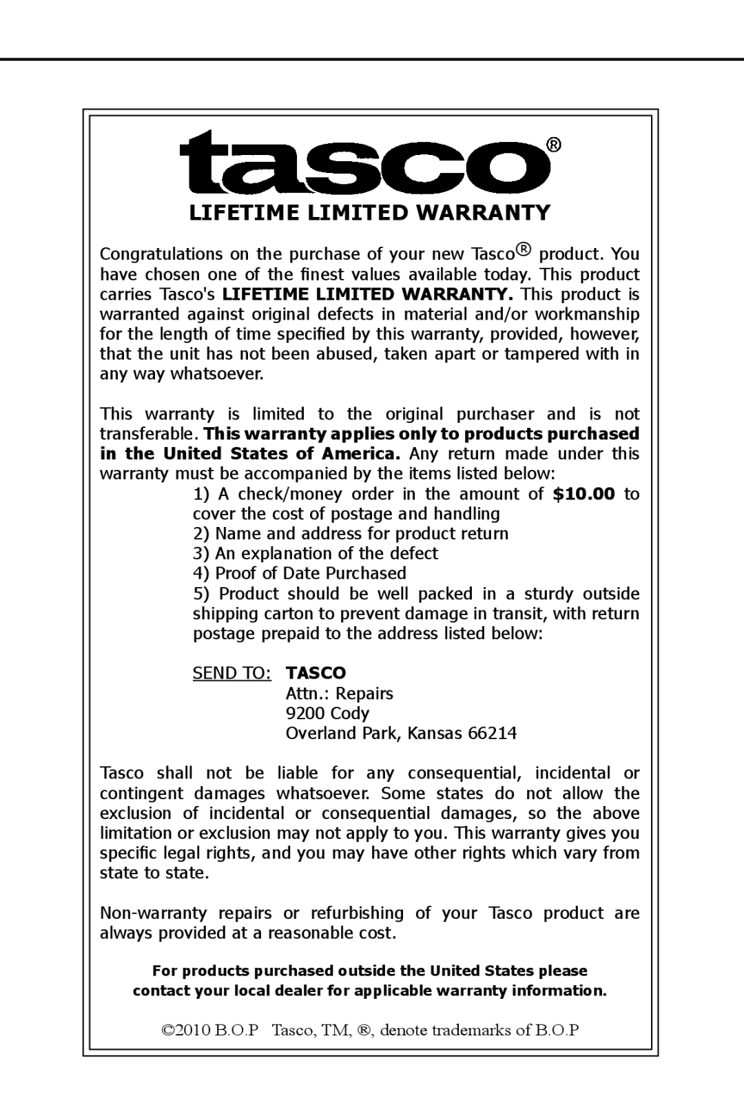 Tasco WC712060 instruction manual Lifetime Limited Warranty 