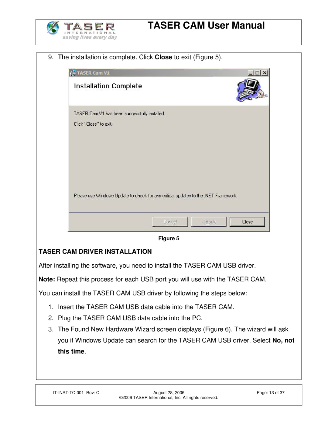 Taser IT-INST-TC-001 manual Taser CAM Driver Installation 