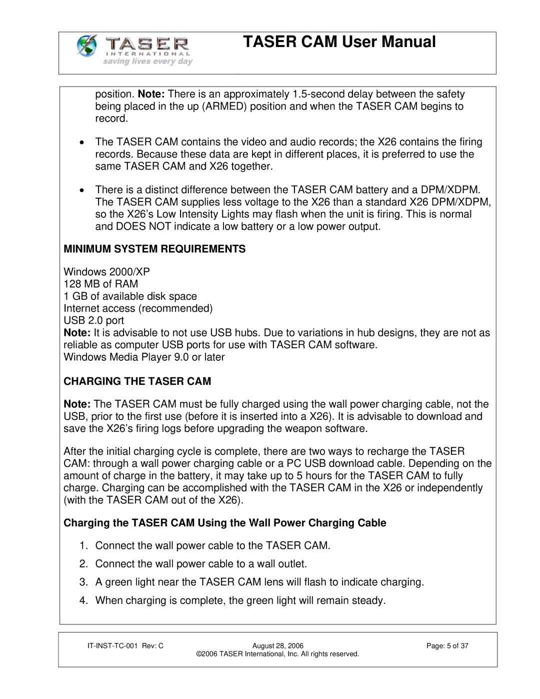 Taser IT-INST-TC-001 manual Minimum System Requirements, Charging the Taser CAM 