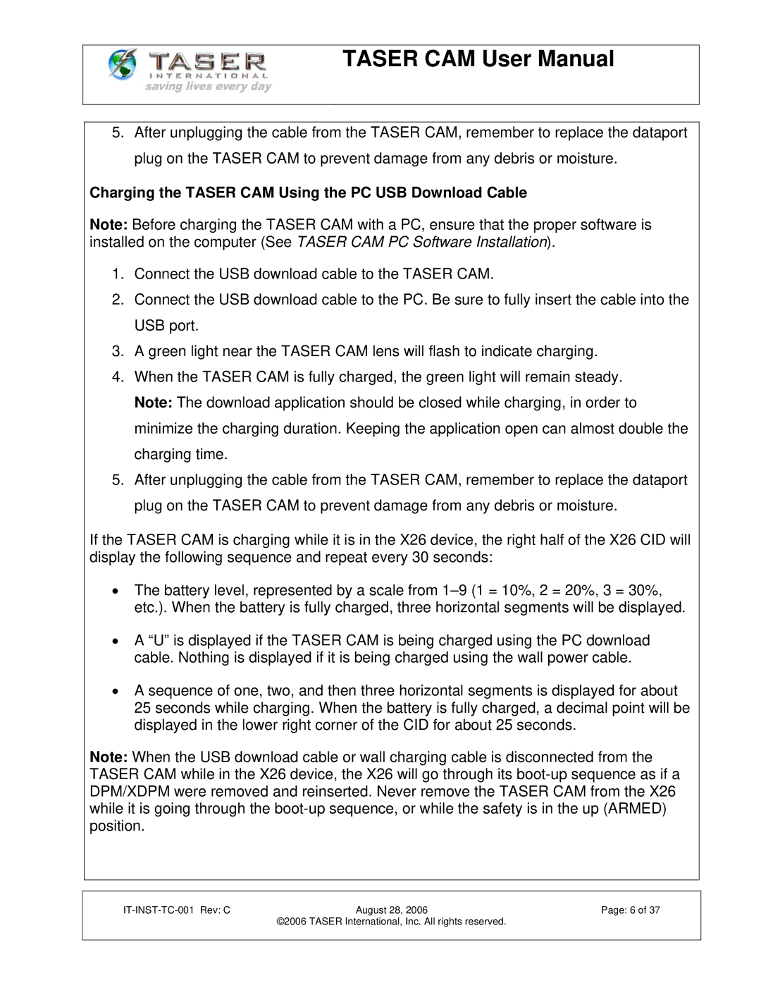 Taser IT-INST-TC-001 manual Charging the Taser CAM Using the PC USB Download Cable 