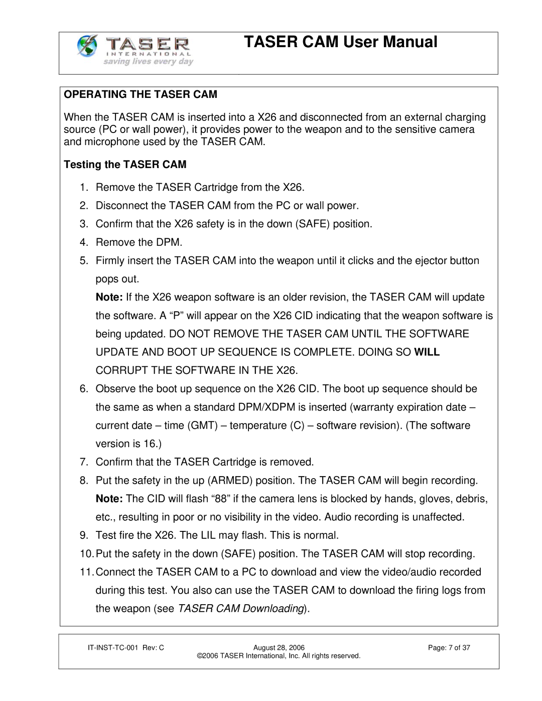 Taser IT-INST-TC-001 manual Operating the Taser CAM, Testing the Taser CAM 