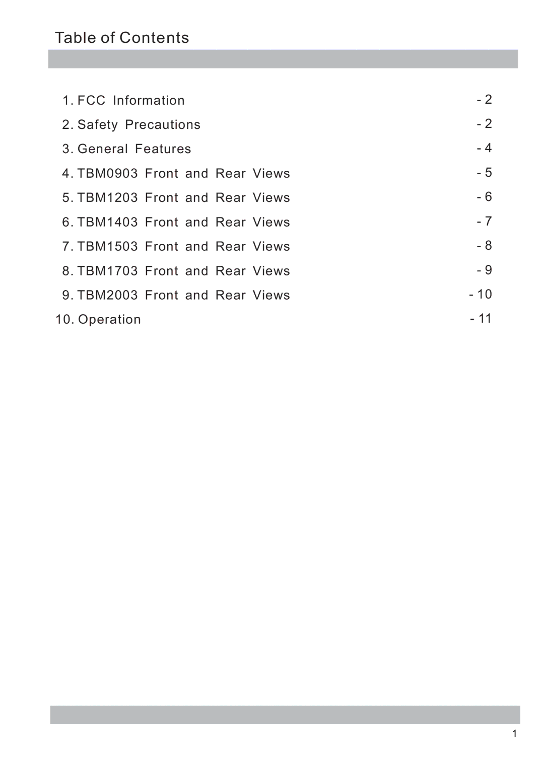 Tatung TBM-1503, TBM-1403, TBM-2003, TBM-0903, TBM-1203, TBM-1703 manual Table of Contents 