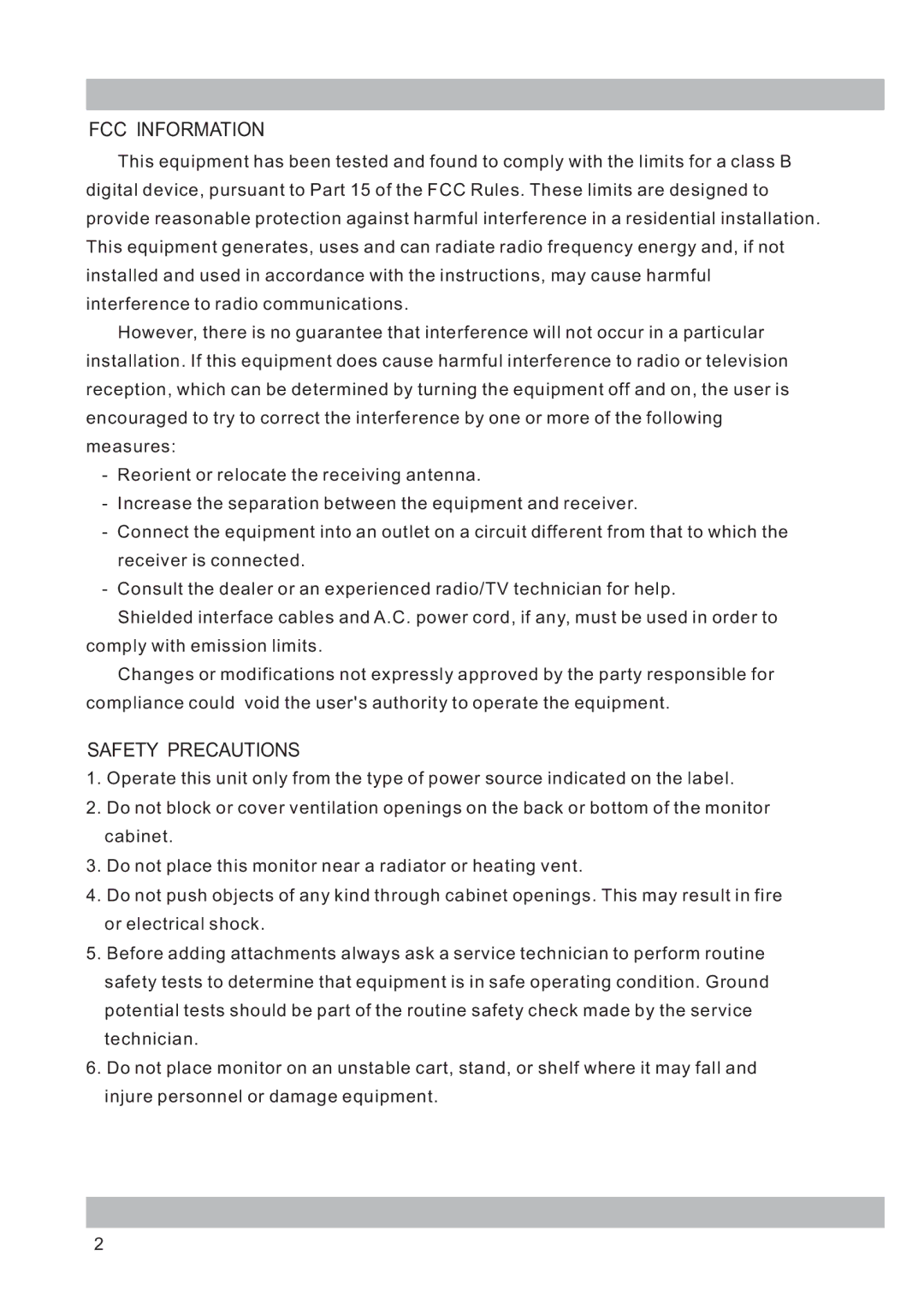 Tatung TBM-0903, TBM-1403, TBM-2003, TBM-1503, TBM-1203, TBM-1703 manual FCC Information, Safety Precautions 