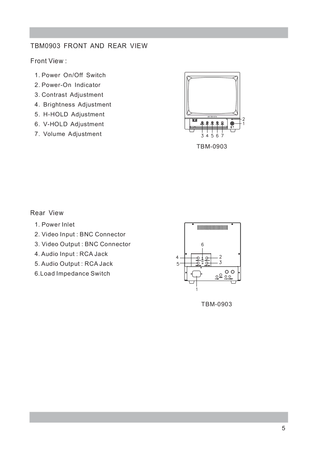 Tatung TBM-1403, TBM-2003, TBM-1503, TBM-0903, TBM-1203, TBM-1703 manual TBM0903 Front and Rear View, Front View 