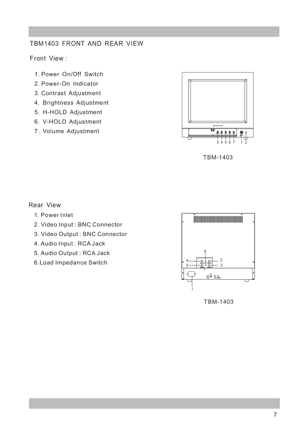 Tatung TBM-1503, TBM-1403, TBM-2003, TBM-0903, TBM-1203, TBM-1703 manual TBM1403 Front and Rear View 