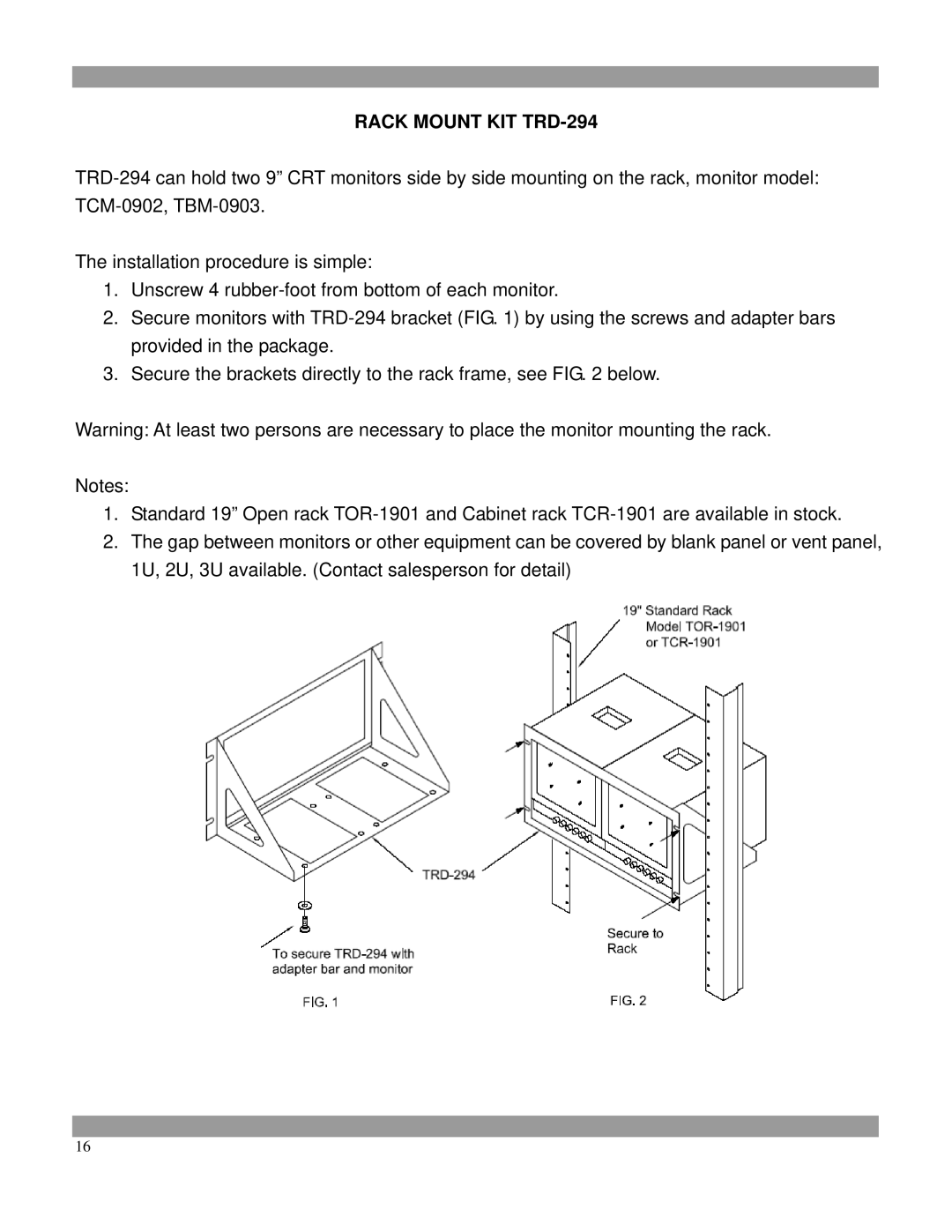 Tatung TCM-1402S, Tcm-1501, TCM-2102s, TCM-1701, TCM-1901, TCM-0902, TCM-1001, TCM-1002S manual Rack Mount KIT TRD-294 