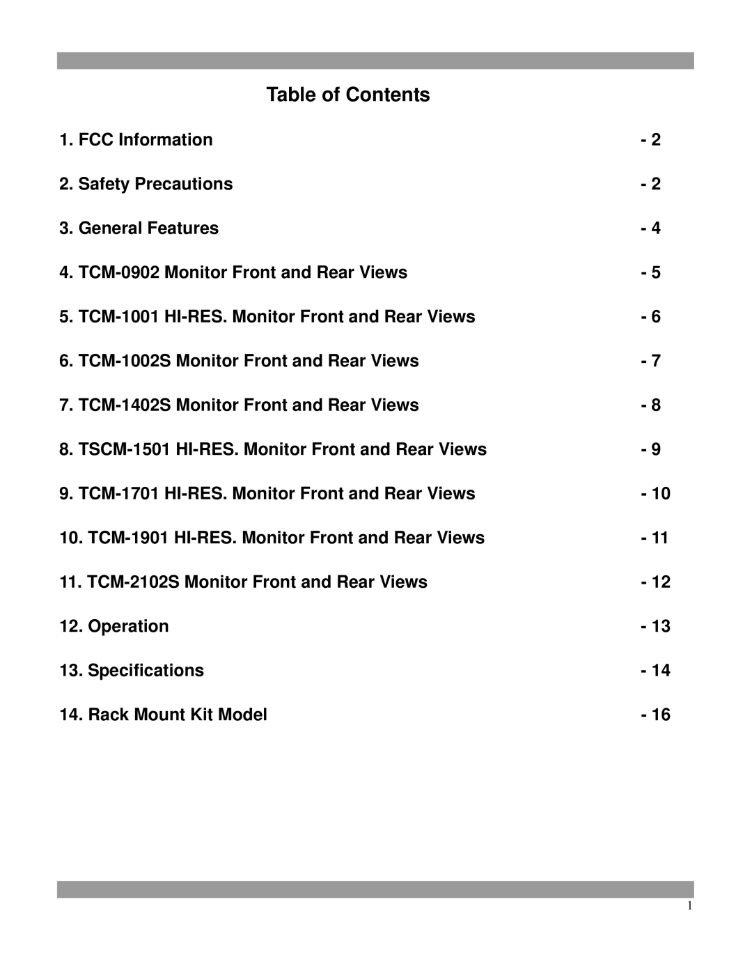 Tatung TCM-1701, Tcm-1501, TCM-2102s, TCM-1402S, TCM-1901, TCM-0902, TCM-1001, TCM-1002S manual Table of Contents 