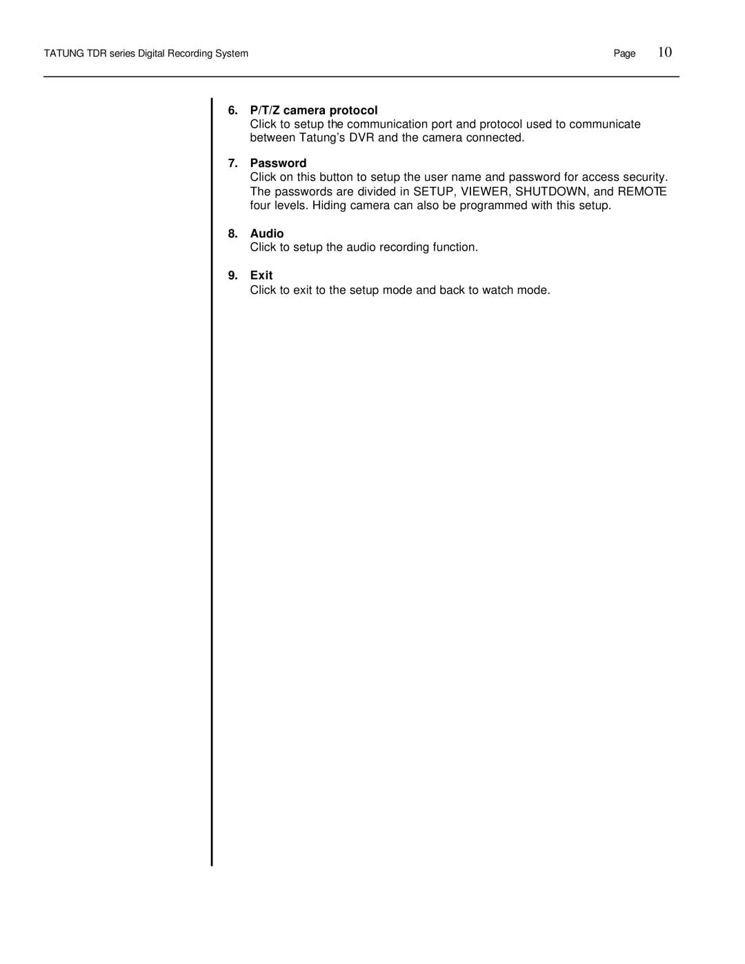 Tatung TDR-22XX operation manual T/Z camera protocol, Password, Exit 