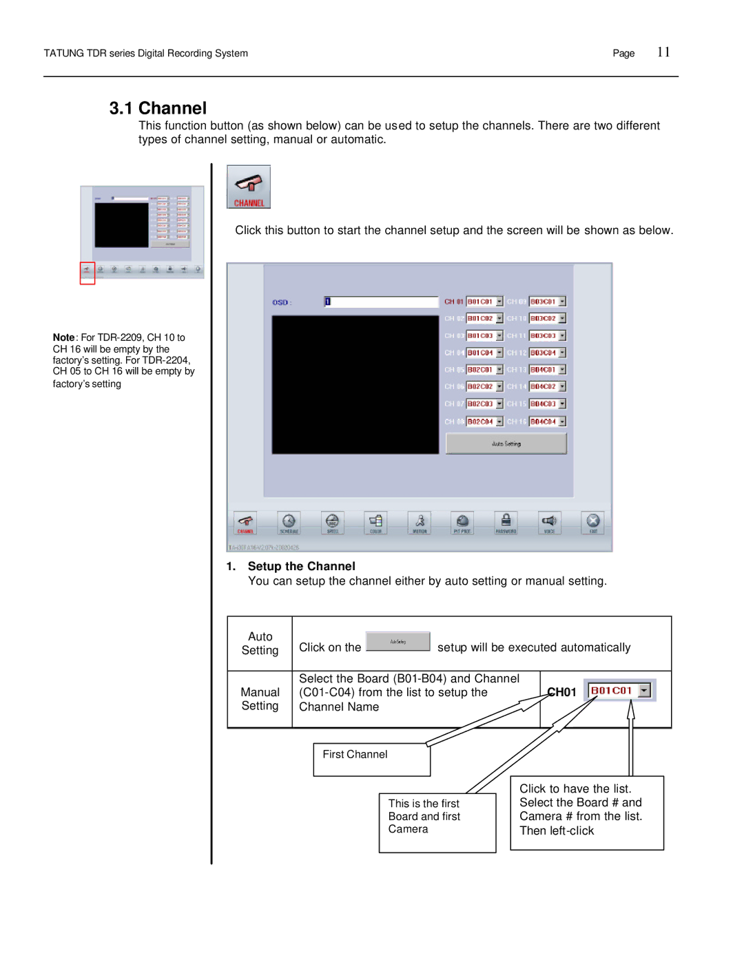 Tatung TDR-22XX operation manual Setup the Channel, CH01 