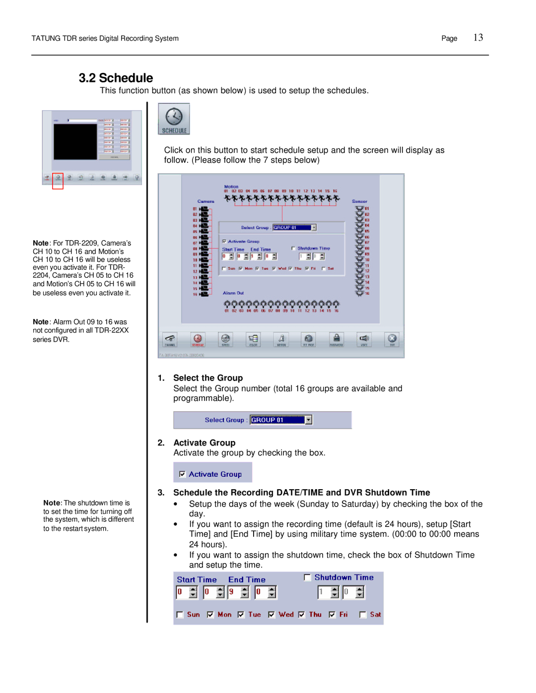 Tatung TDR-22XX Select the Group, Activate Group, Schedule the Recording DATE/TIME and DVR Shutdown Time 