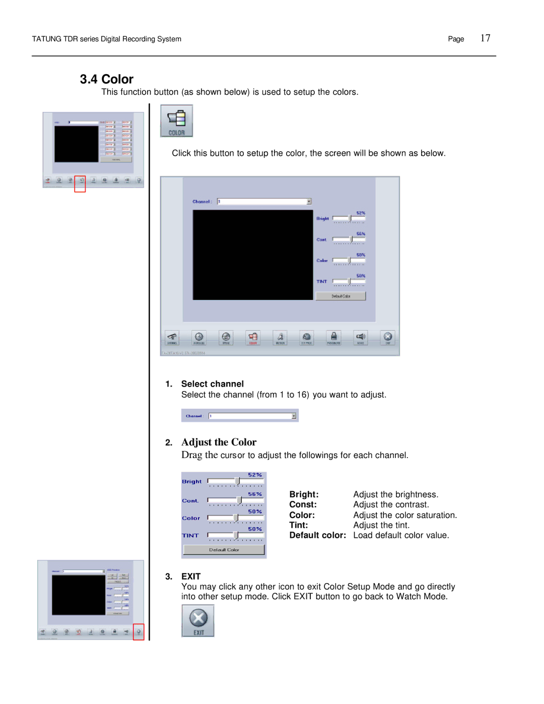 Tatung TDR-22XX operation manual Color, Select channel 