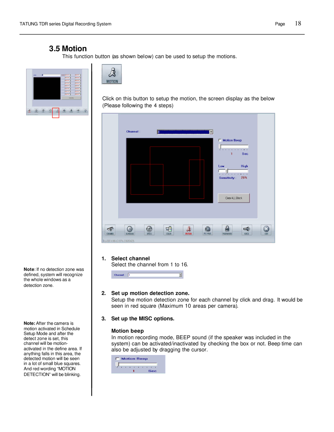 Tatung TDR-22XX operation manual Set up motion detection zone, Set up the Misc options Motion beep 