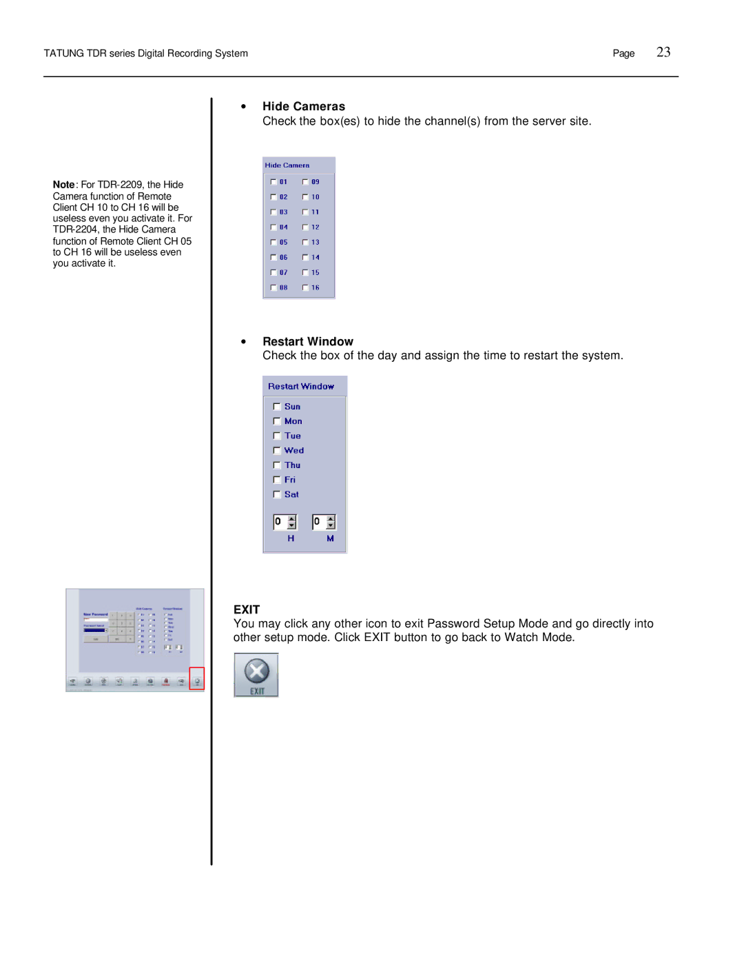 Tatung TDR-22XX operation manual ∙ Hide Cameras, ∙ Restart Window 