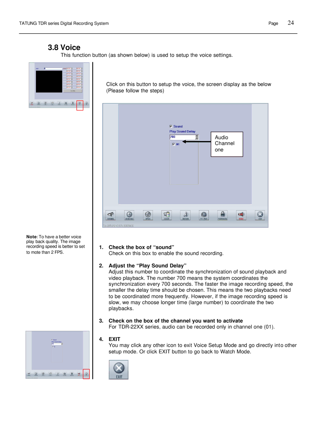 Tatung TDR-22XX operation manual Voice, Check the box of sound, Adjust the Play Sound Delay 