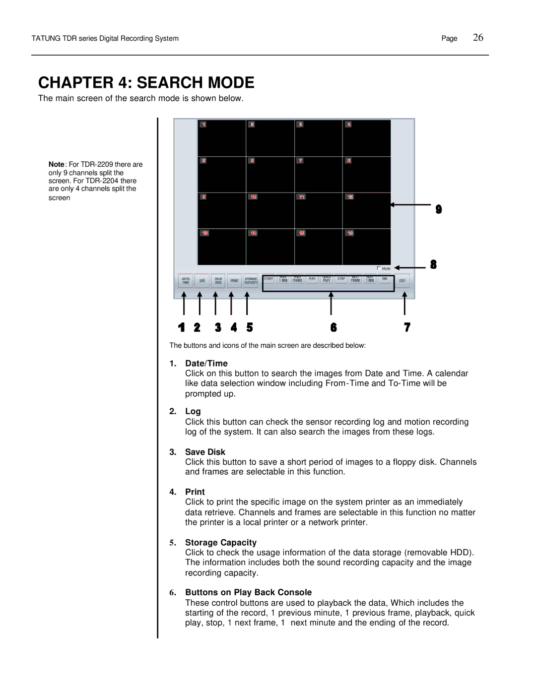 Tatung TDR-22XX operation manual Date/Time, Log, Save Disk, Print, Storage Capacity, Buttons on Play Back Console 