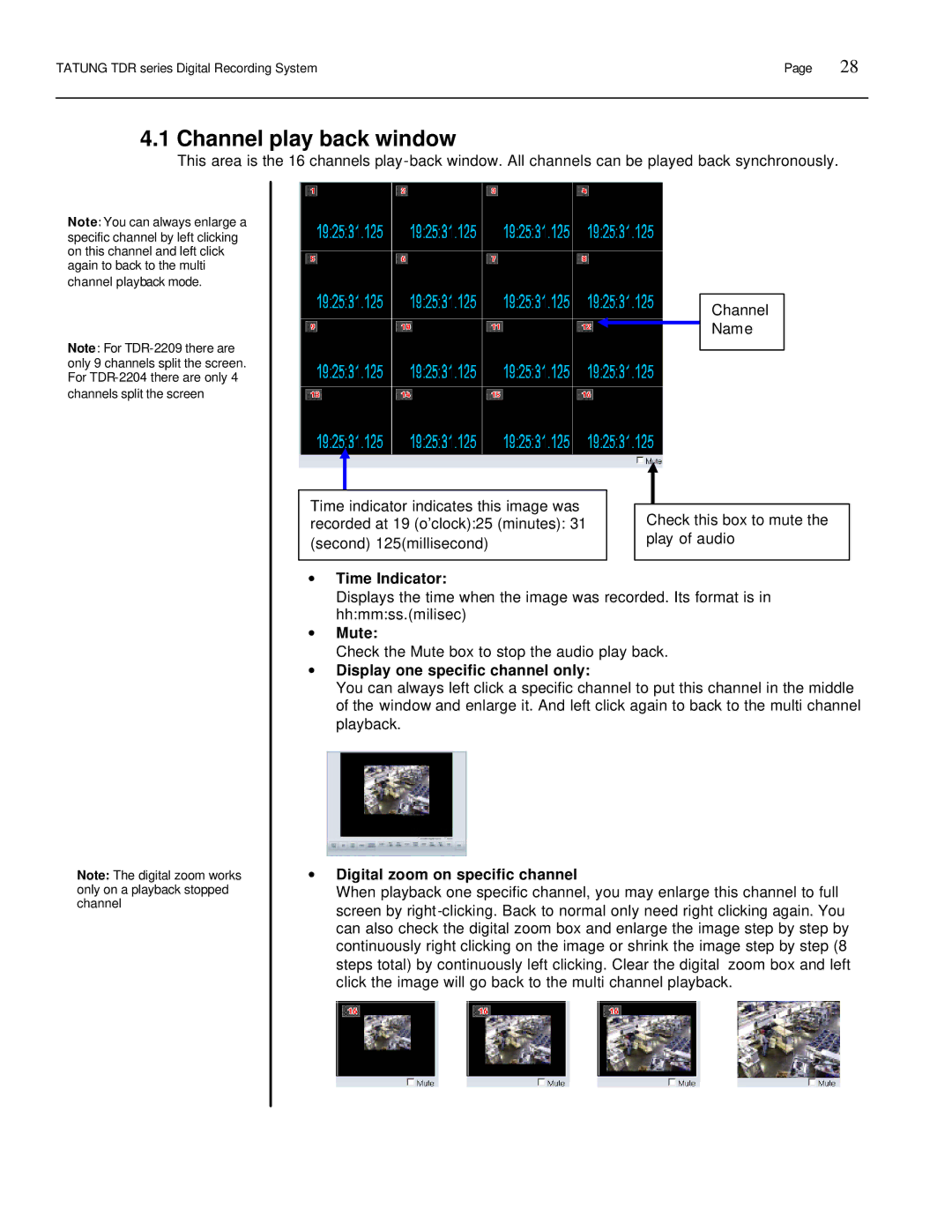 Tatung TDR-22XX operation manual Channel play back window, ∙ Time Indicator, ∙ Mute, ∙ Display one specific channel only 