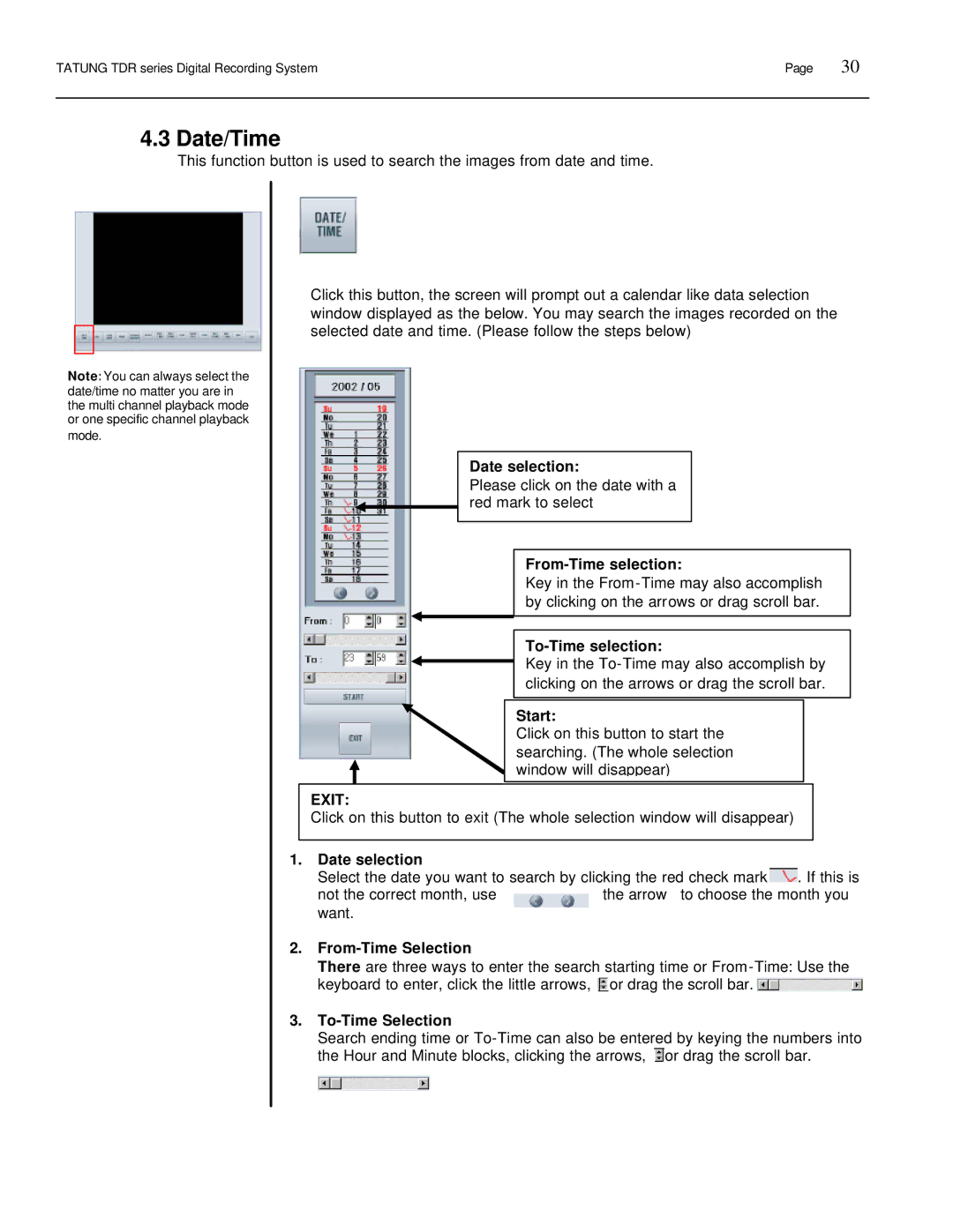 Tatung TDR-22XX operation manual Date/Time, Date selection, From-Time selection, To-Time selection, Start 