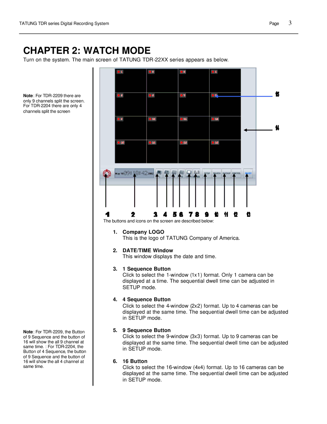 Tatung TDR-22XX operation manual Company Logo, DATE/TIME Window, Sequence Button 