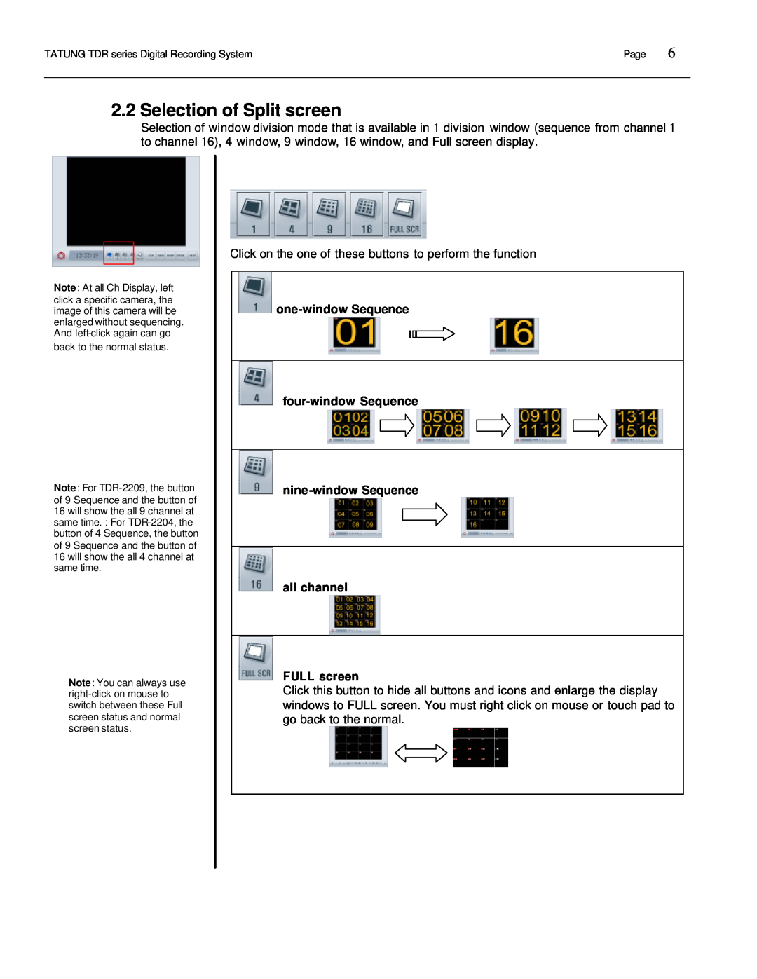 Tatung TDR-22XX operation manual Selection of Split screen, one-window Sequence four-window Sequence nine-window Sequence 