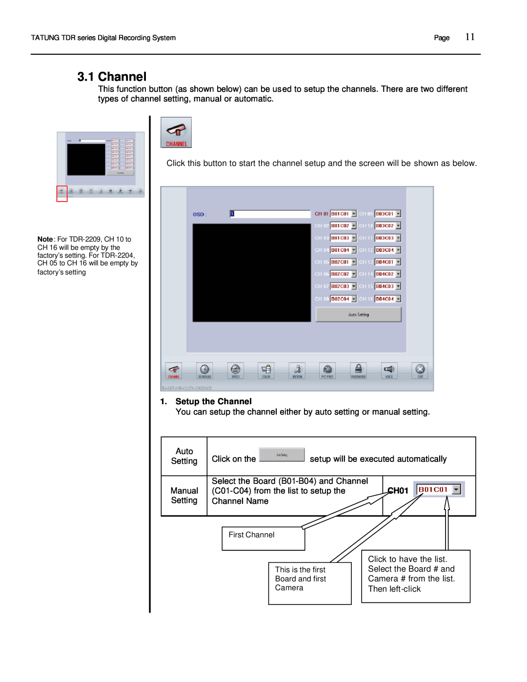 Tatung TDR-22XX operation manual Setup the Channel, CH01 