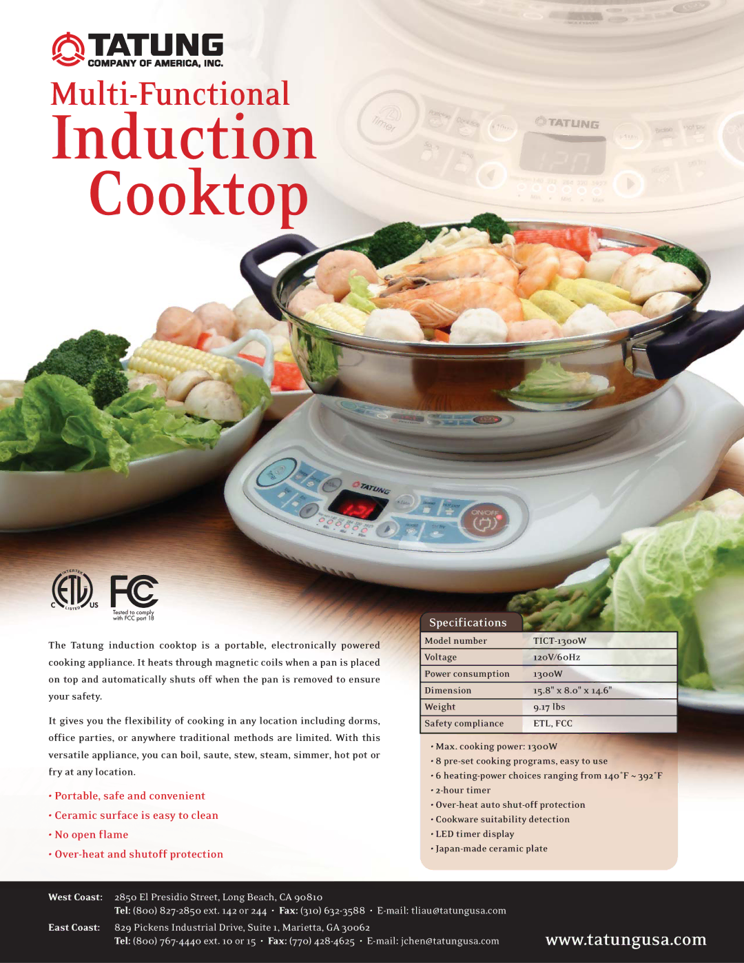 Tatung TICT-1300W specifications Induction Cooktop, Specifications, West Coast, East Coast, Etl, Fcc 