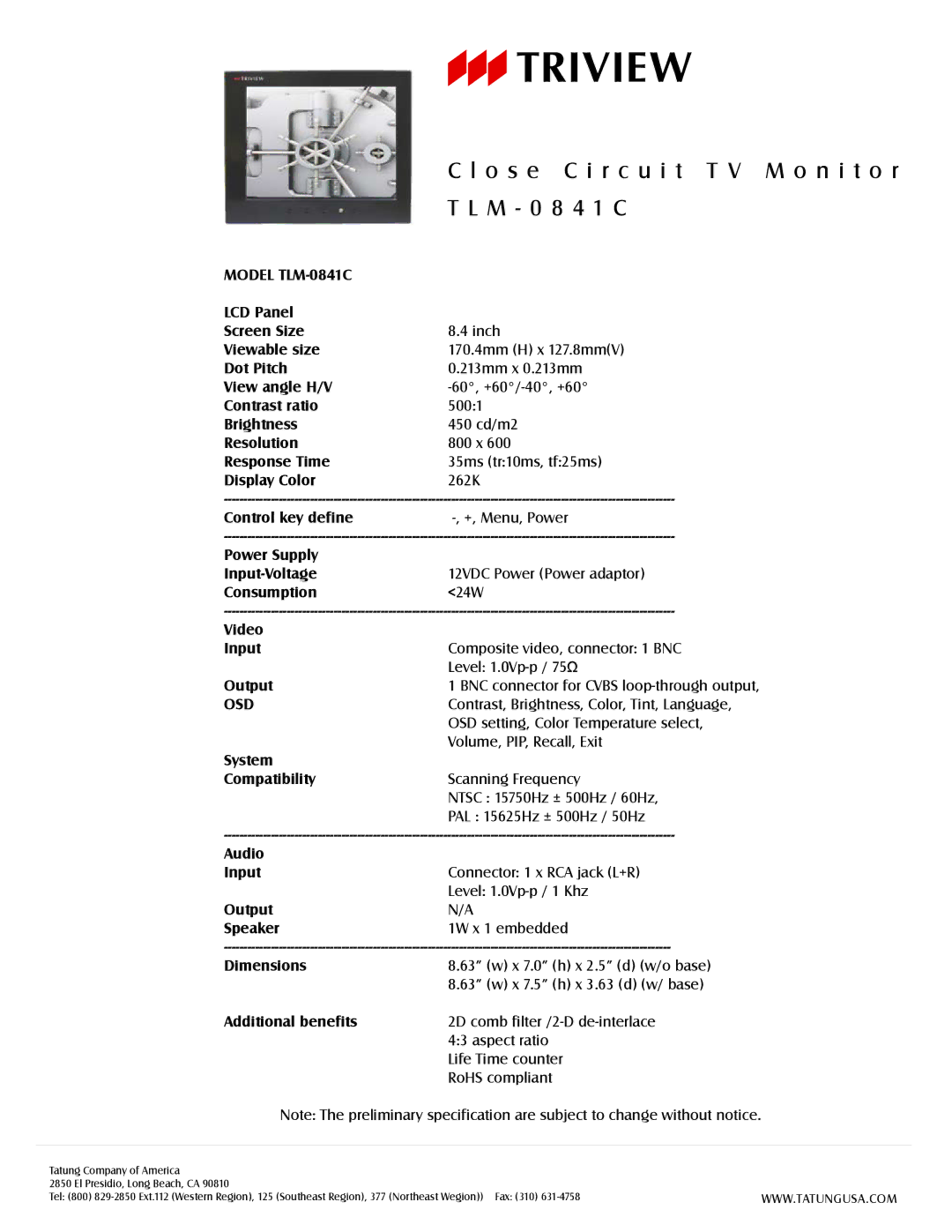 Tatung dimensions O s e C i r c u i t T V M o n i t o r, M 0 8 4 1 C, Model TLM-0841C, Osd 