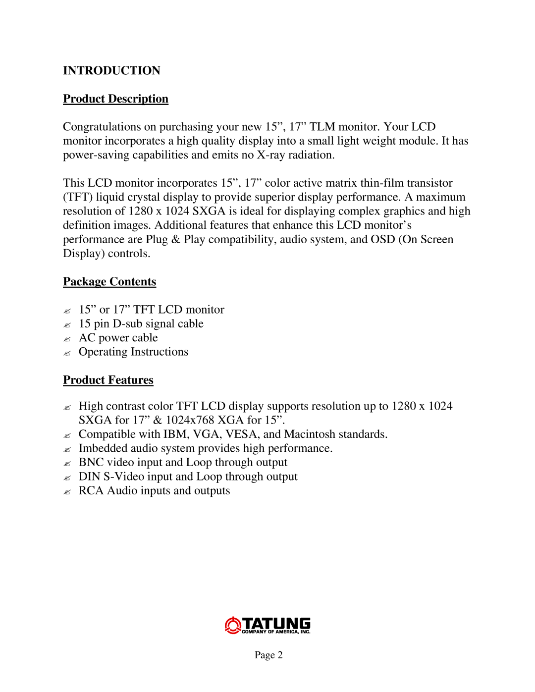 Tatung TLM-1503, TLM-1703 manual Introduction, Product Description 