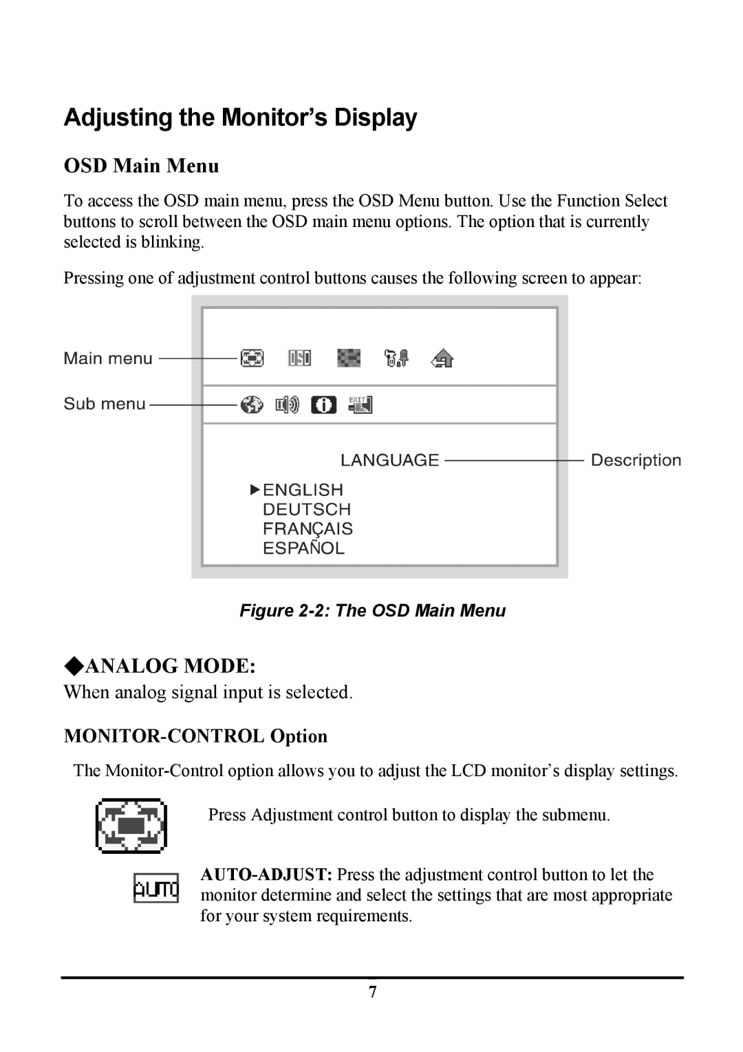 Tatung TLM1905, TLM-1705 manual Adjusting the Monitor’s Display, MONITOR-CONTROL Option 