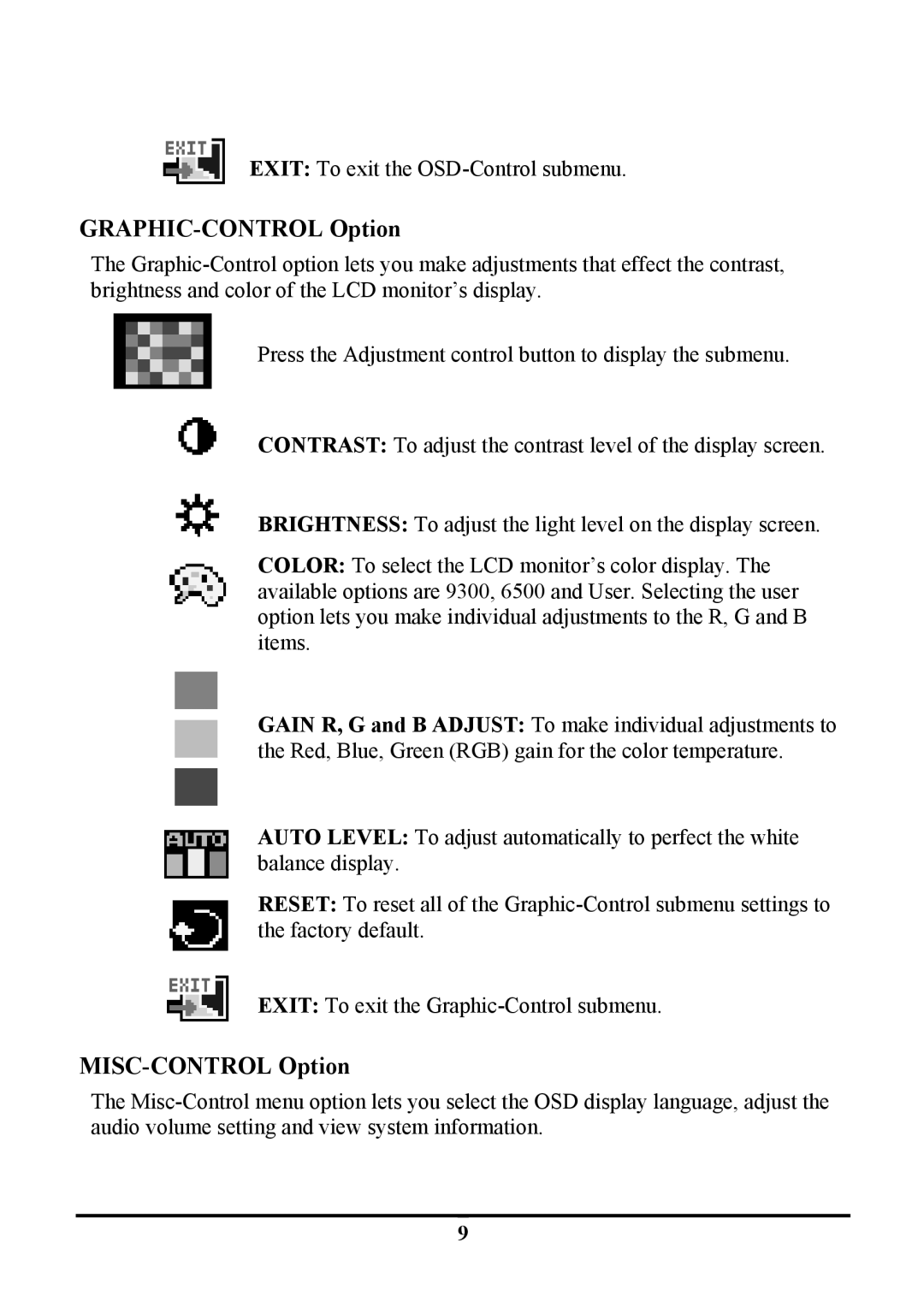 Tatung TLM1905, TLM-1705 manual GRAPHIC-CONTROL Option, MISC-CONTROL Option 