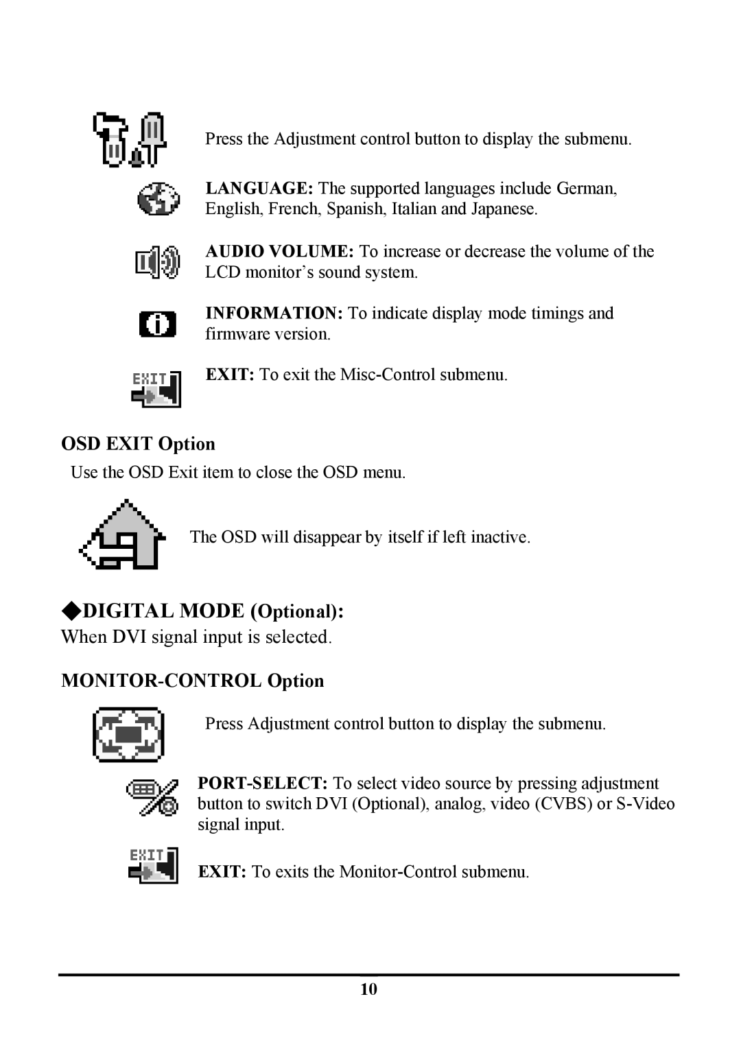 Tatung TLM-1705, TLM1905 manual Digital Mode Optional, OSD Exit Option 