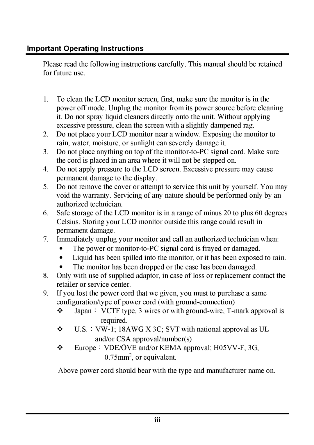 Tatung TLM1905, TLM-1705 manual Important Operating Instructions 