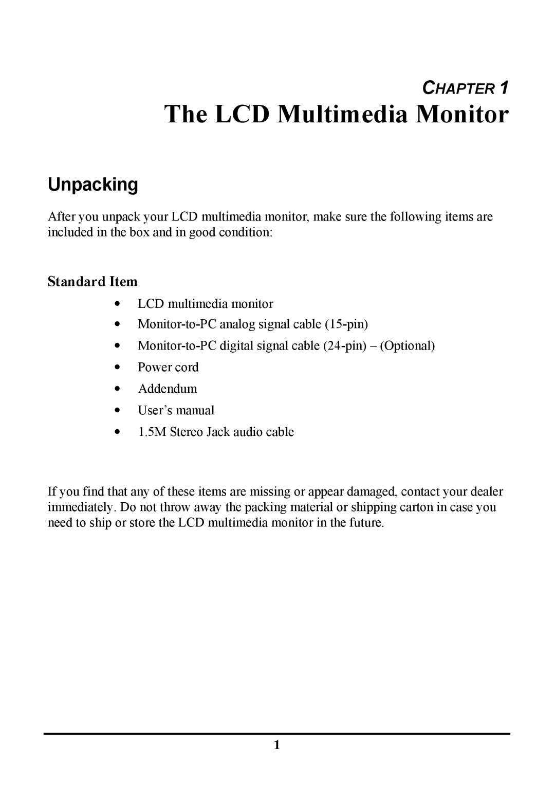 Tatung TLM1905, TLM-1705 manual Unpacking, Standard Item 