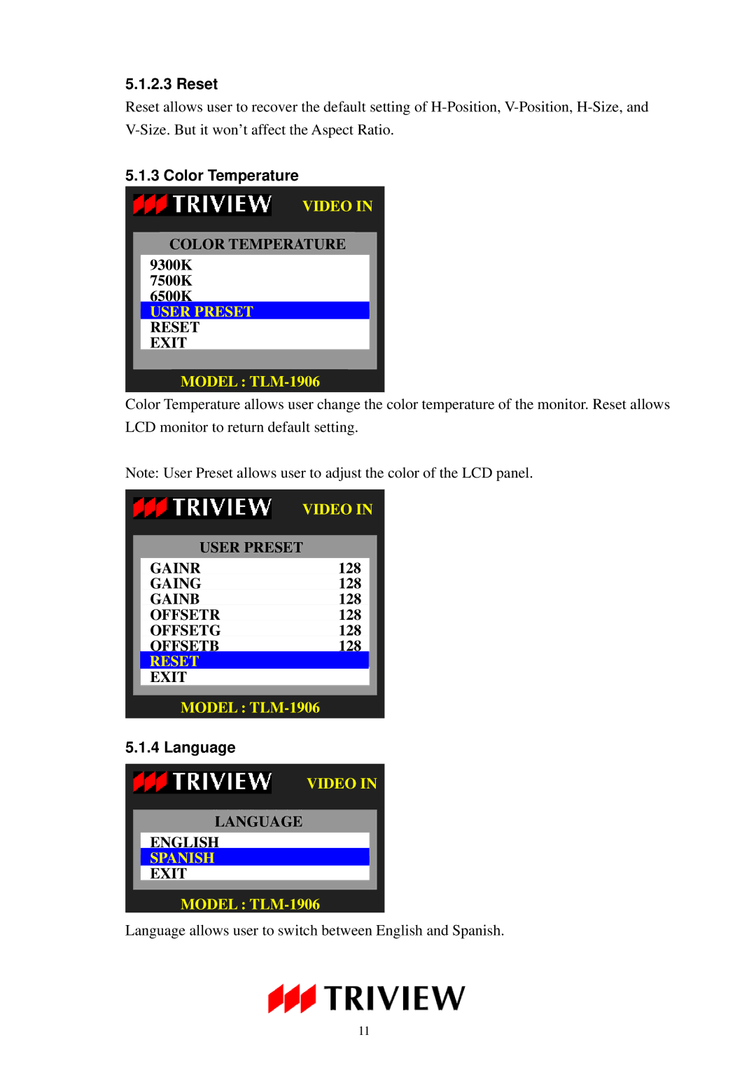 Tatung TLM-1506, TLM-1906, TLM-1706 operating instructions Reset, Color Temperature, User Preset, Language, Spanish 