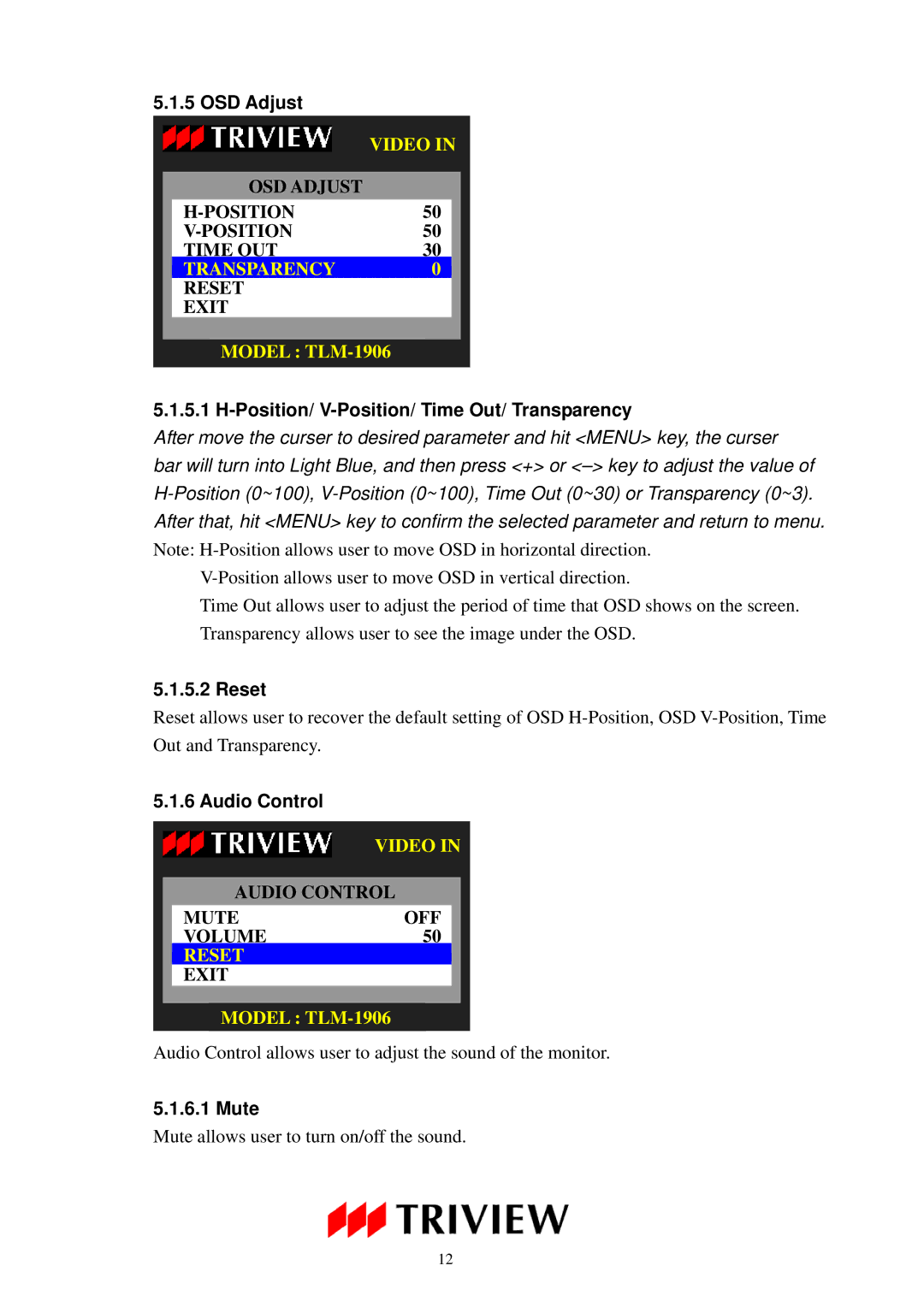 Tatung TLM-1906, TLM-1706, TLM-1506 OSD Adjust, Position/ V-Position/ Time Out/ Transparency, Audio Control, Mute 